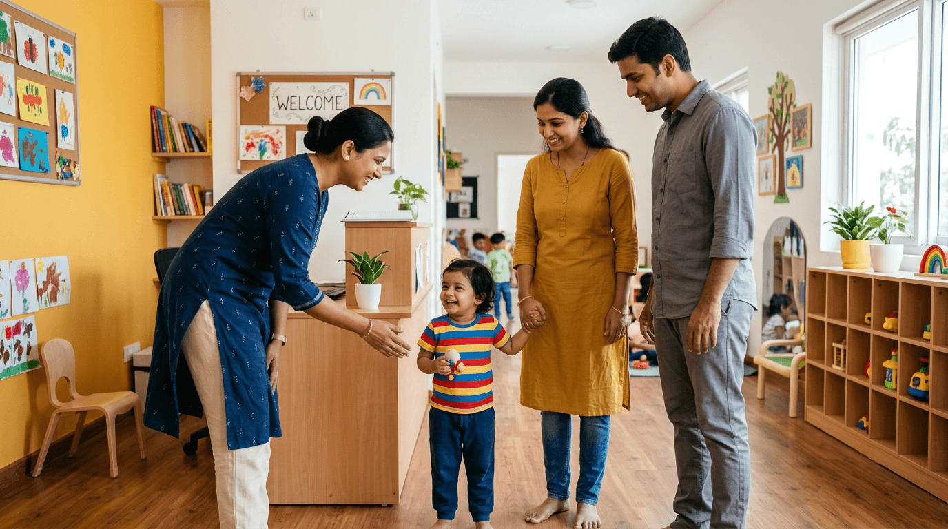 Warm welcome at the centre — families in everyday clothes